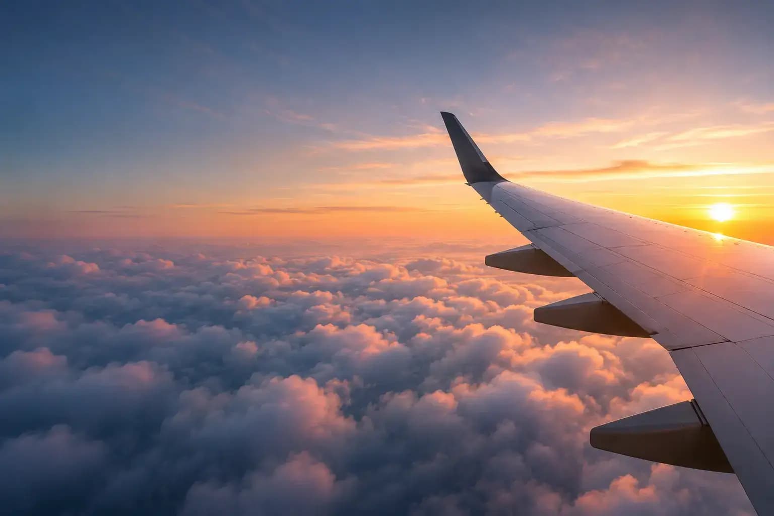 Aircraft wing above the clouds at sunset